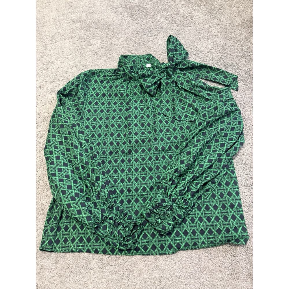 Green Black Bow Neck Tie Blouse A Loves A Size Medium Holidays Career Party